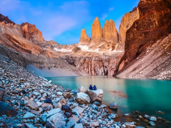 Laguna torres with the towers at sunrise, Torres del Paine National Park, Patagonia, Chile